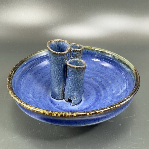 Hand Made Pottery Flower Frog Dish Container Vase Artist Signed Blue Glazed VTG - Picture 10 of 12